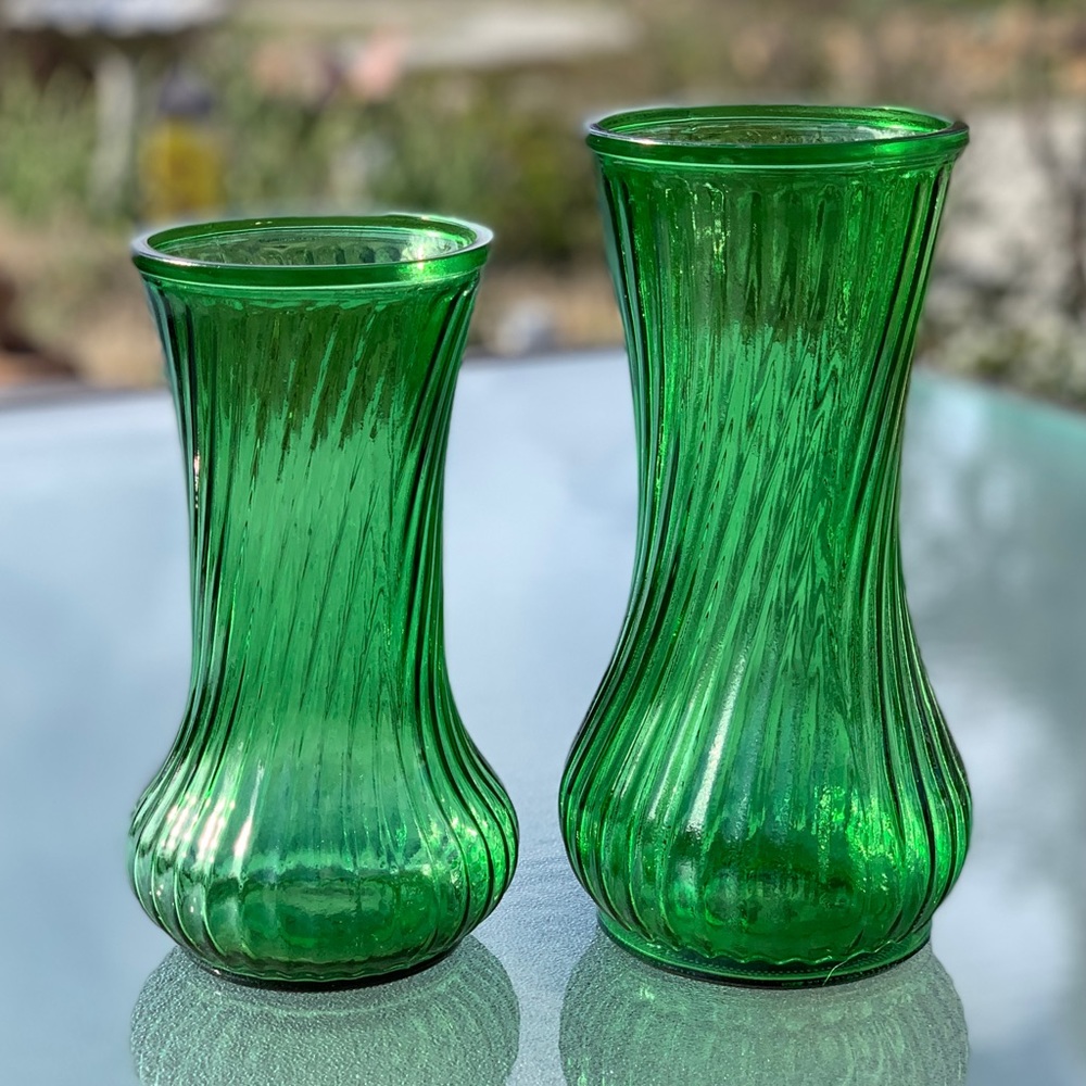 Green Textured Hoosier Glass Vases ~ Set of 2